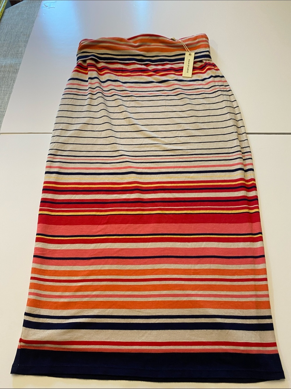 Max Studio Striped Midi Skirt in Red, Orange, Navy, Cream